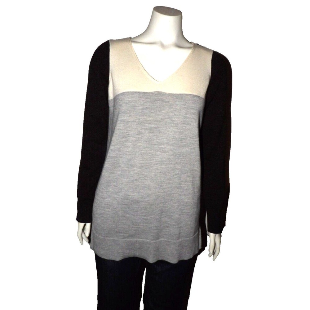 Ann Taylor Black Label Colorblock Cream Charcoal Gray Med Sweater Merino Wool